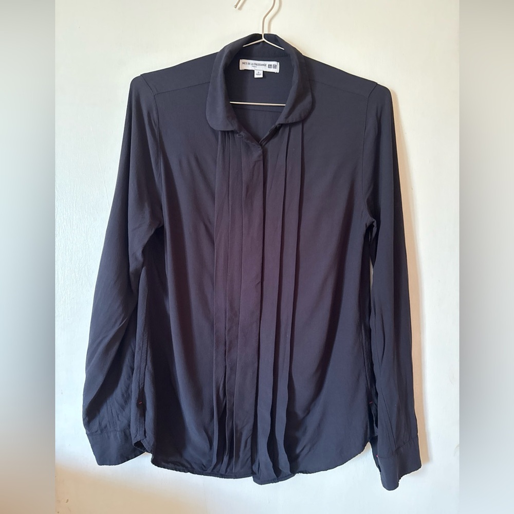 Uniqlo Ines De La Fressange Button Up Shirt Pleated Blouse Black | Small